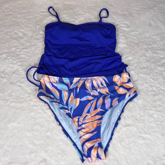 Cupshe Blue Ribbed Tankini Set Tropical Leaf High Waist Bikini Size Large NWT - Picture 3 of 13